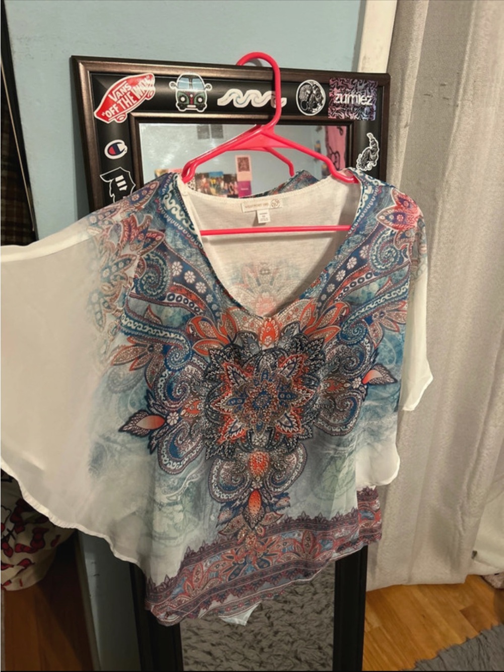 Bohemian Floral Paisley V-Neck Sheer Women's Top - Blue & Orange